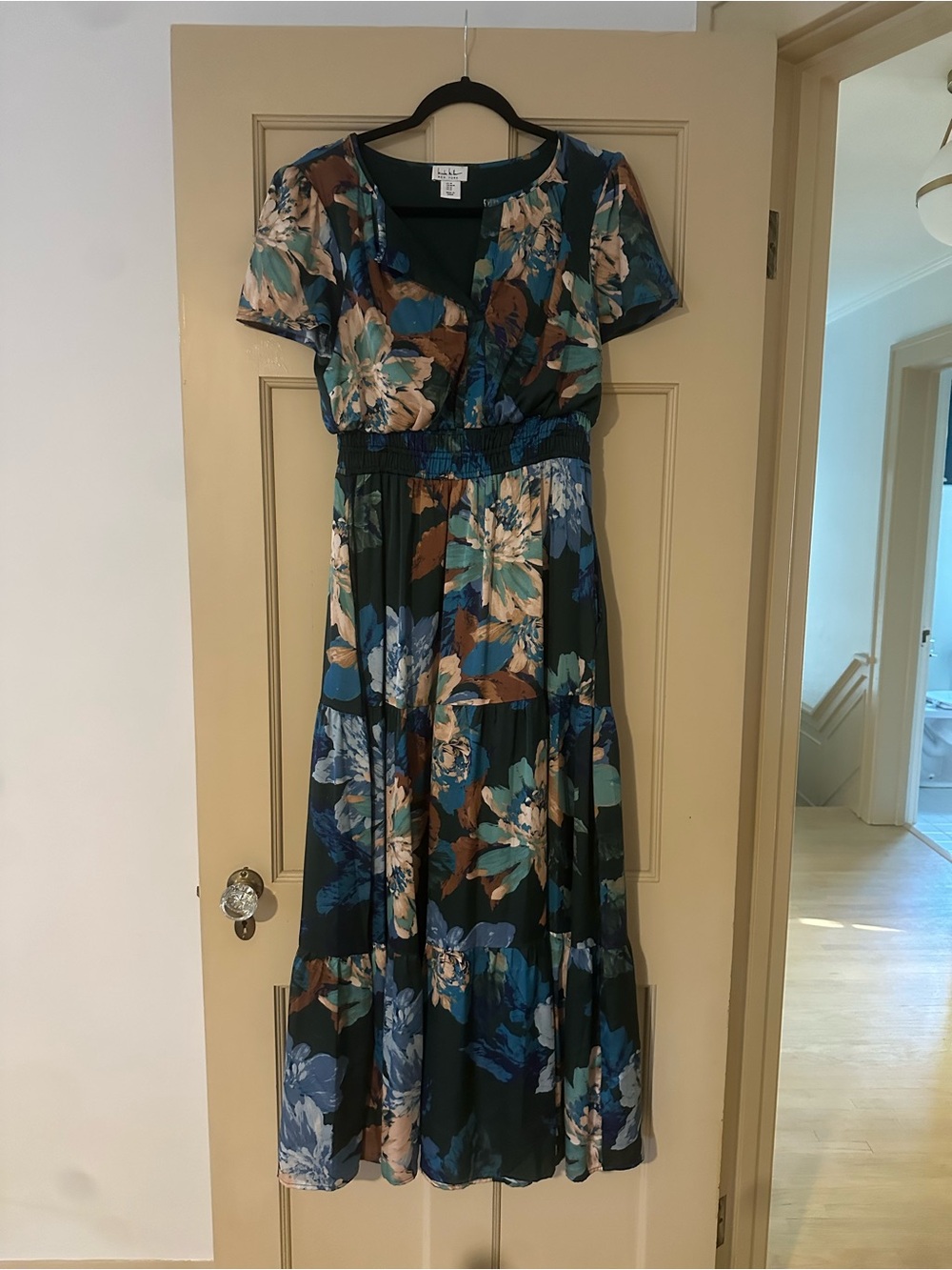 Nicole Miller New York Dark Green Floral Maxi Dress with Blue & Brown Accents